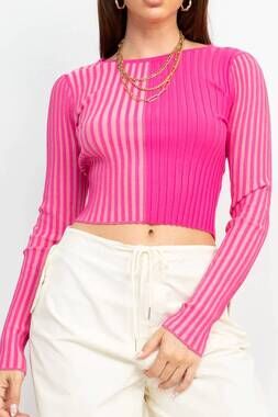 NEW SALTY two tone rib knit long sleeve crop top in pink